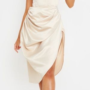 Cream satin woven ruched side midi skirt